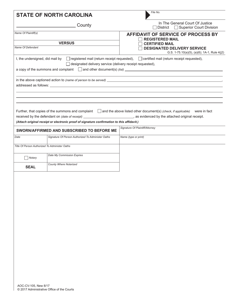Form AOC-CV-105 Affidavit of Service of Process by Registered Mail / Certified Mail / Designated Delivery Service - North Carolina, Page 1