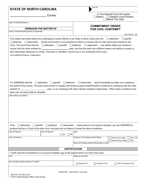 Form AOC-CV-110 Commitment Order for Civil Contempt - North Carolina