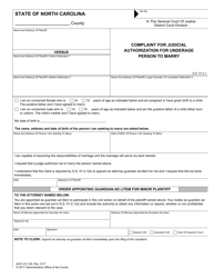 Document preview: Form AOC-CV-120 Complaint for Judicial Authorization for Underage Person to Marry - North Carolina