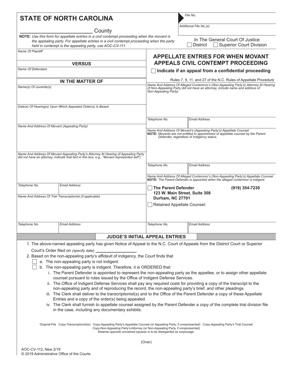 Form AOC-CV-112 Appellate Entries for When Movant Appeals Civil Contempt Proceeding - North Carolina, Page 1