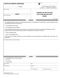 Document preview: Form AOC-CV-202 Findings on Application for Claim and Delivery Order - North Carolina