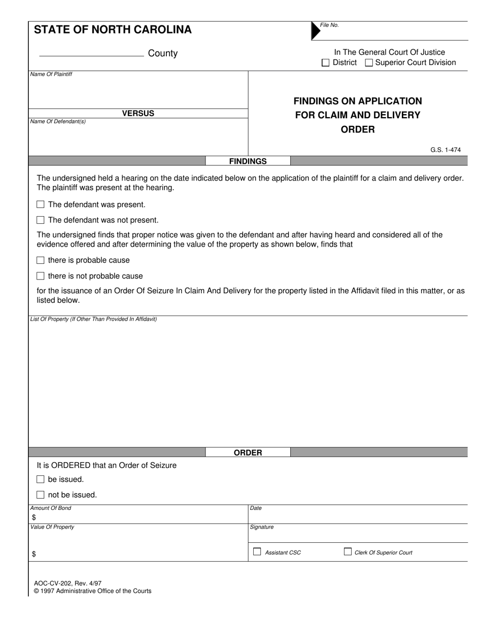 Form AOC-CV-202 Findings on Application for Claim and Delivery Order - North Carolina, Page 1