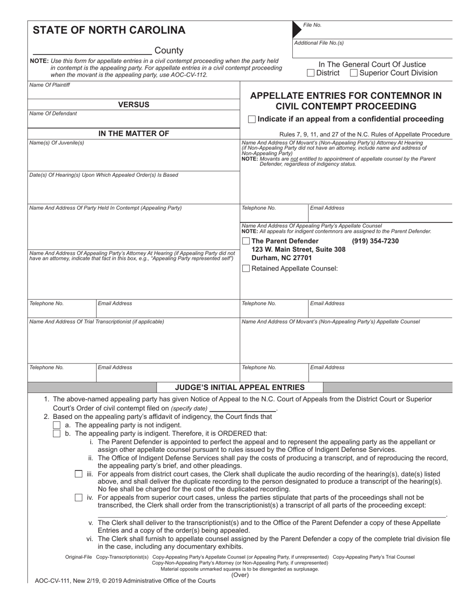 Form AOC-CV-111 Appellate Entries for Contemnor in Civil Contempt Proceeding - North Carolina, Page 1