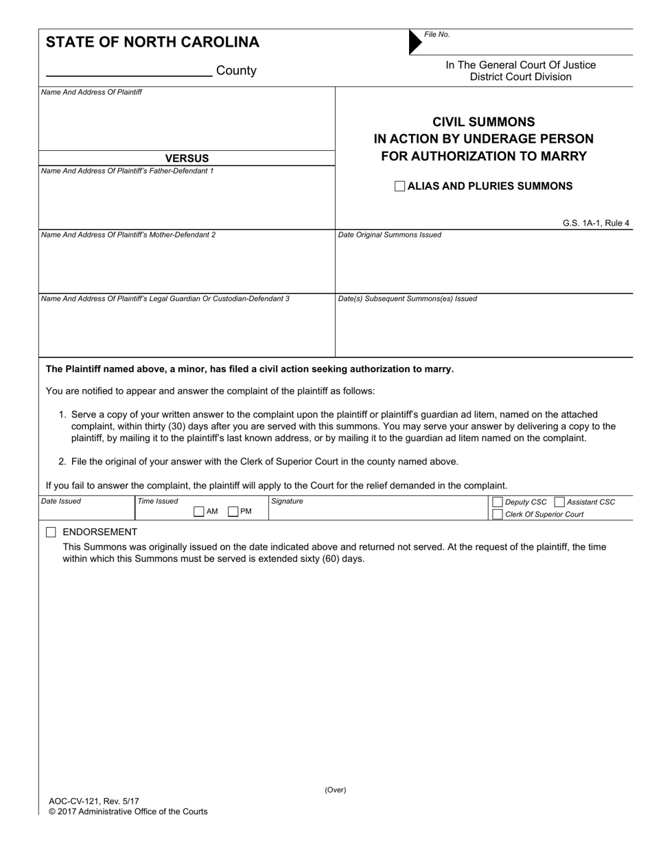 Form AOC-CV-121 Civil Summons in Action by Underage Person for Authorization to Marry - North Carolina, Page 1