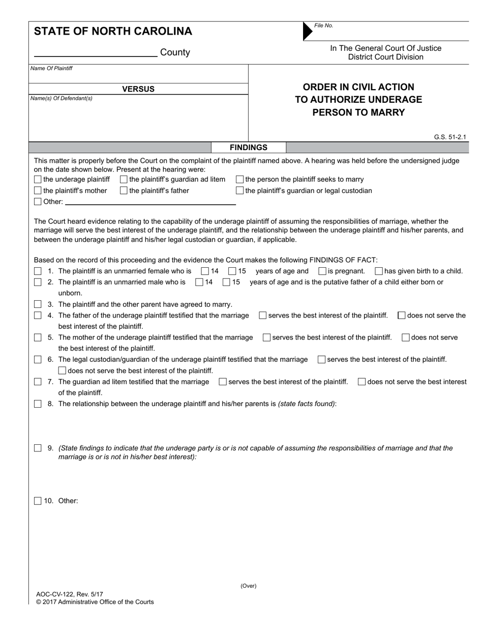 Form AOC-CV-122 Order in Civil Action to Authorize Underage Person to Marry - North Carolina, Page 1