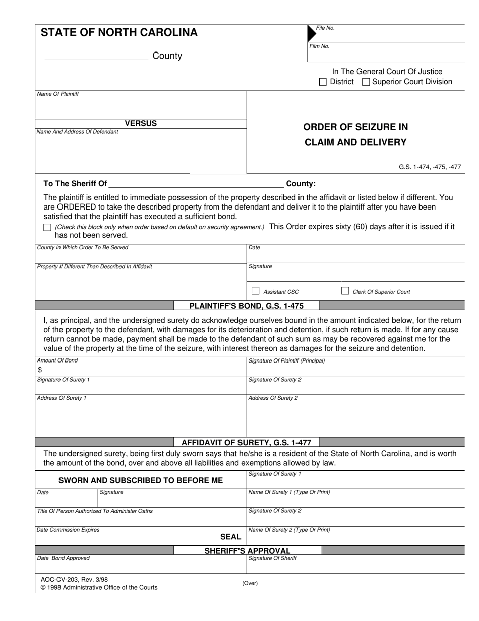 Form AOC-CV-203 Order of Seizure in Claim and Delivery - North Carolina, Page 1