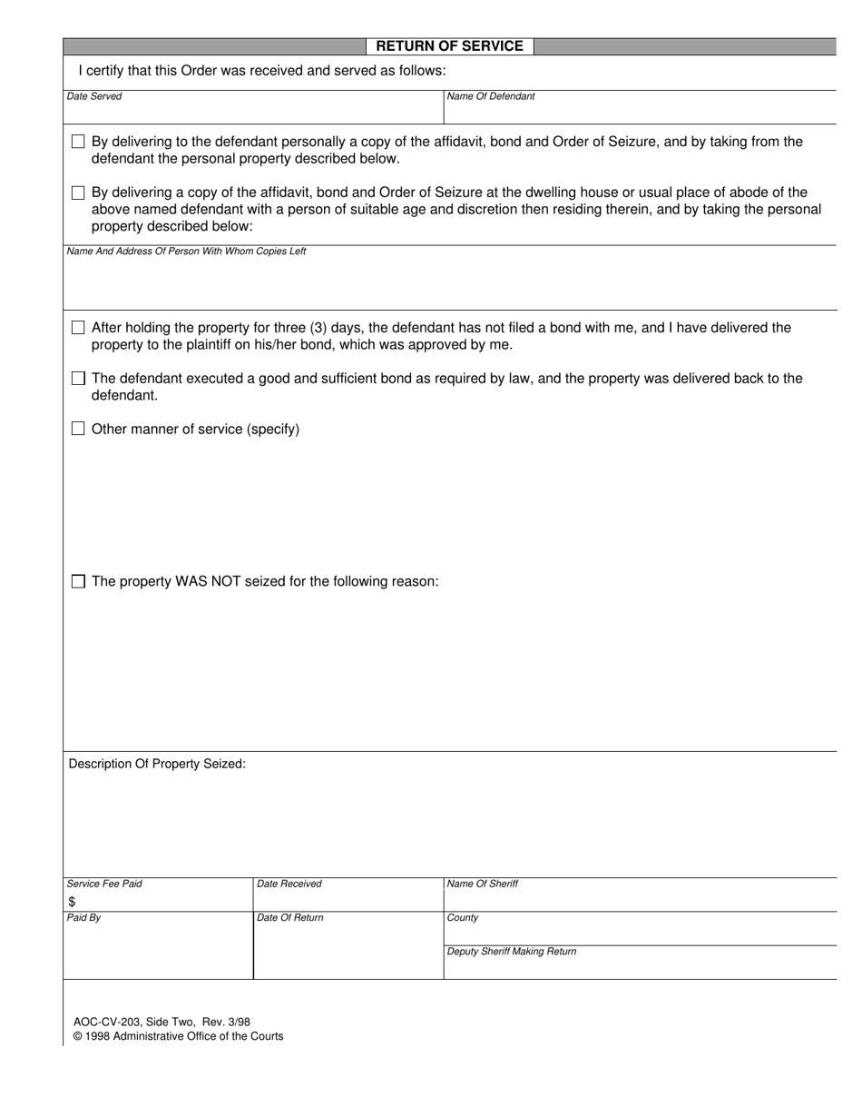 Form AOC-CV-203 Order of Seizure in Claim and Delivery - North Carolina, Page 2