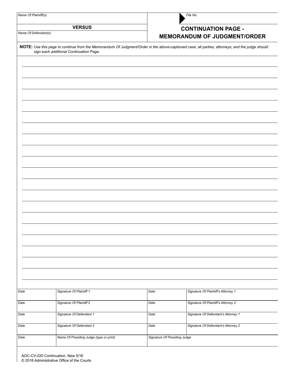 Form AOC-CV-220 Continuation Page - Memorandum of Judgment / Order - North Carolina, Page 1