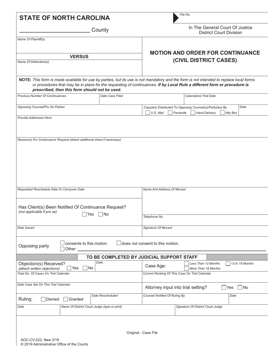 Form AOC-CV-222 Motion and Order for Continuance (Civil District Cases) - North Carolina, Page 1