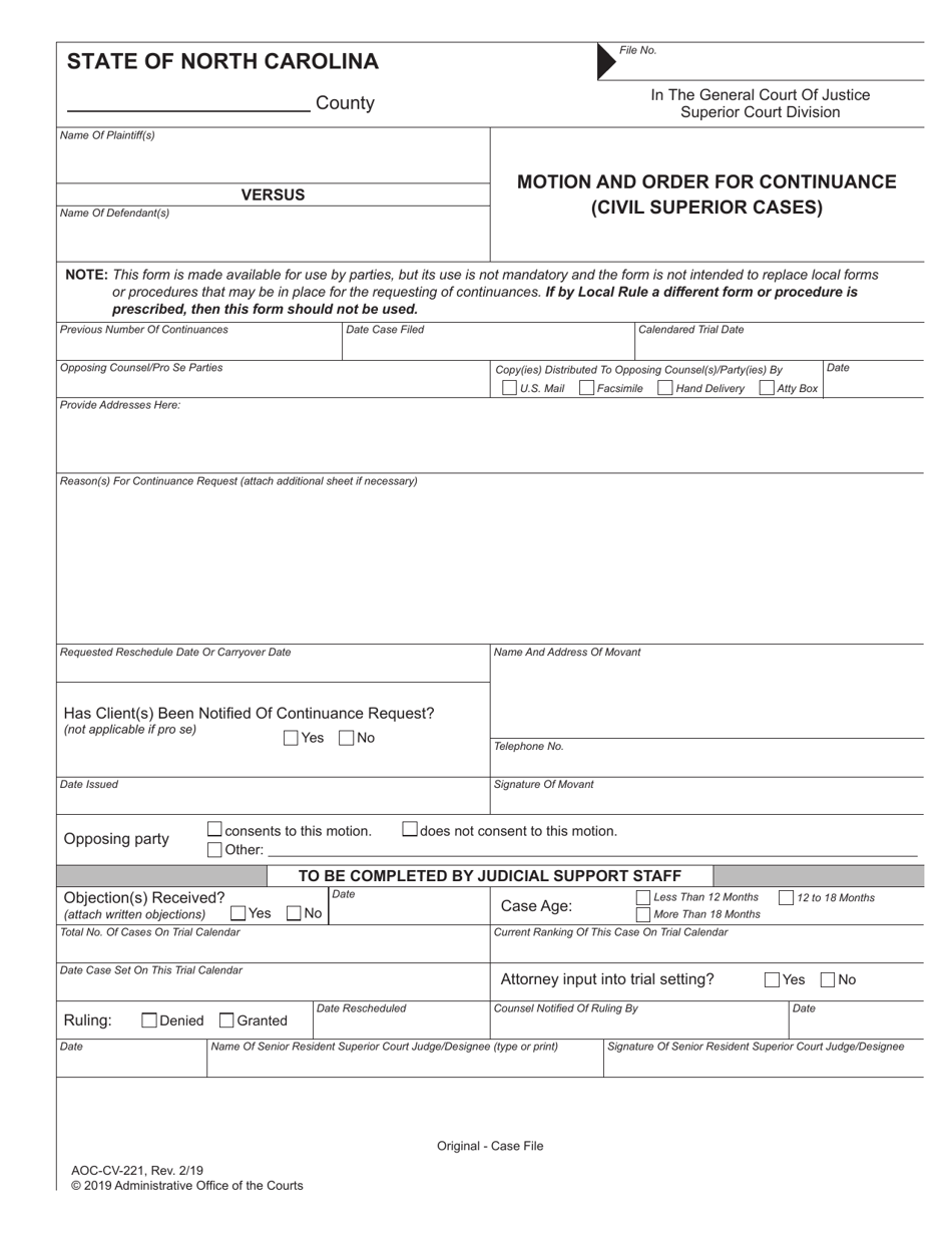 Form AOC-CV-221 Motion and Order for Continuance (Civil Superior Cases) - North Carolina, Page 1
