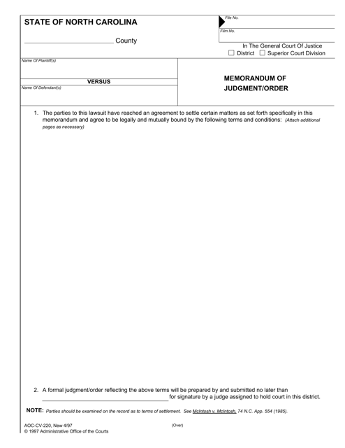 Form AOC-CV-220 Memorandum of Judgment/Order (Without Lines) - North Carolina