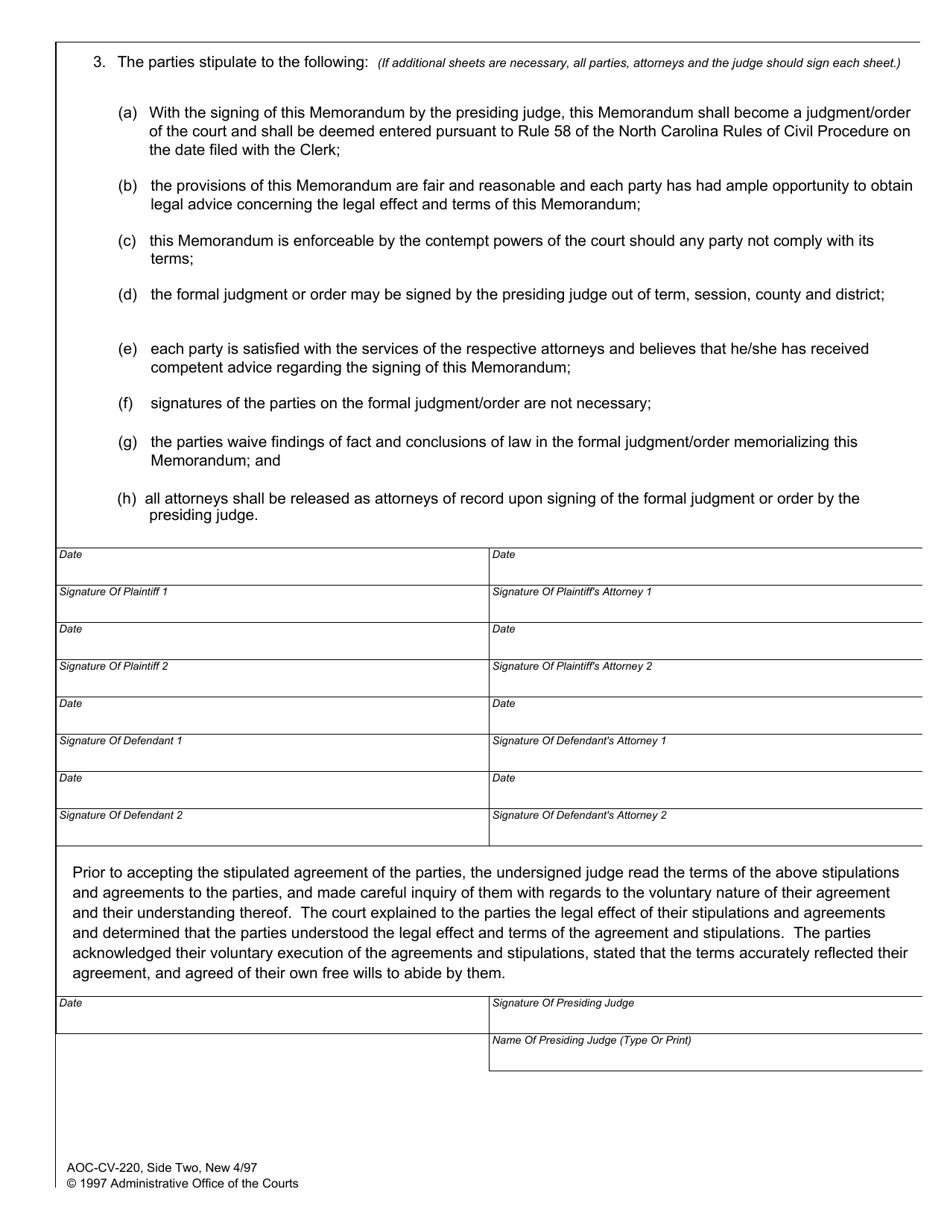 Form AOC-CV-220 Memorandum of Judgment / Order (Without Lines) - North Carolina, Page 2