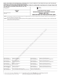 Document preview: Form AOC-CV-220 Continuation Page - Memorandum of Judgment/Order - North Carolina (English/Vietnamese)