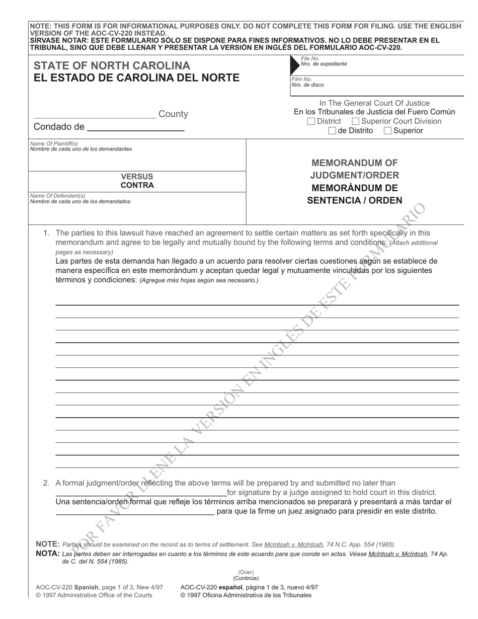 Form AOC-CV-220 Memorandum of Judgment / Order - North Carolina (English / Spanish), Page 1