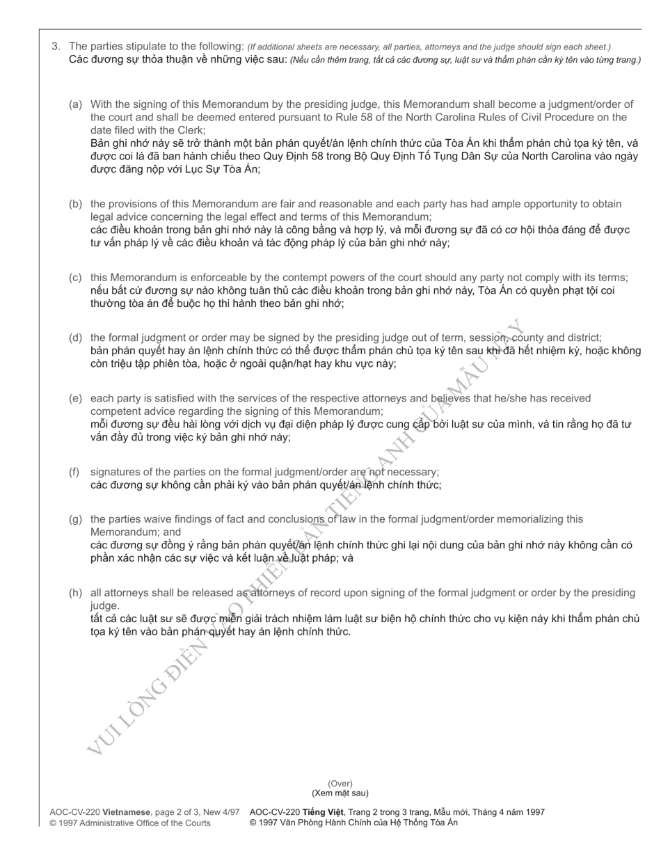 Form AOC-CV-220 Memorandum of Judgment / Order - North Carolina (English / Vietnamese), Page 2