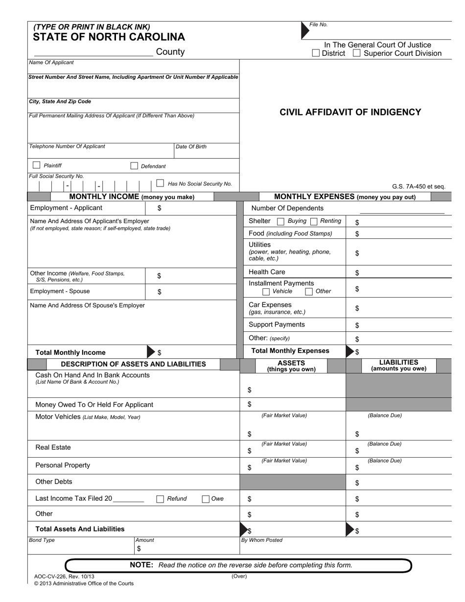 Form AOC-CV-226 Civil Affidavit of Indigency - North Carolina, Page 1