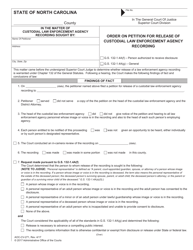 Document preview: Form AOC-CV-271 Order on Petition for Release of Custodial Law Enforcement Agency Recording - North Carolina