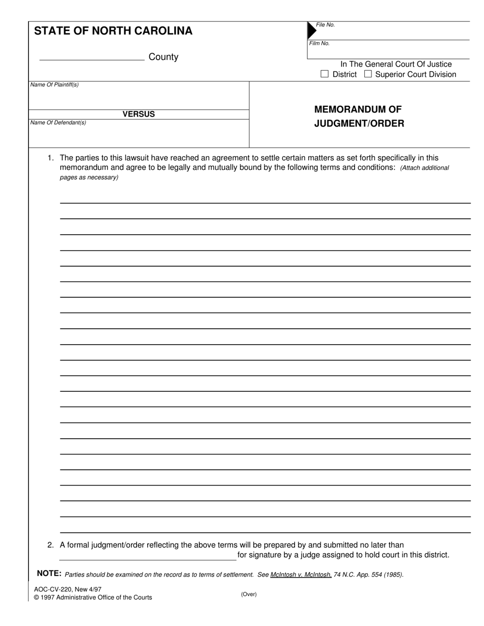 Form AOC-CV-220 Memorandum of Judgment/Order - North Carolina, Page 1