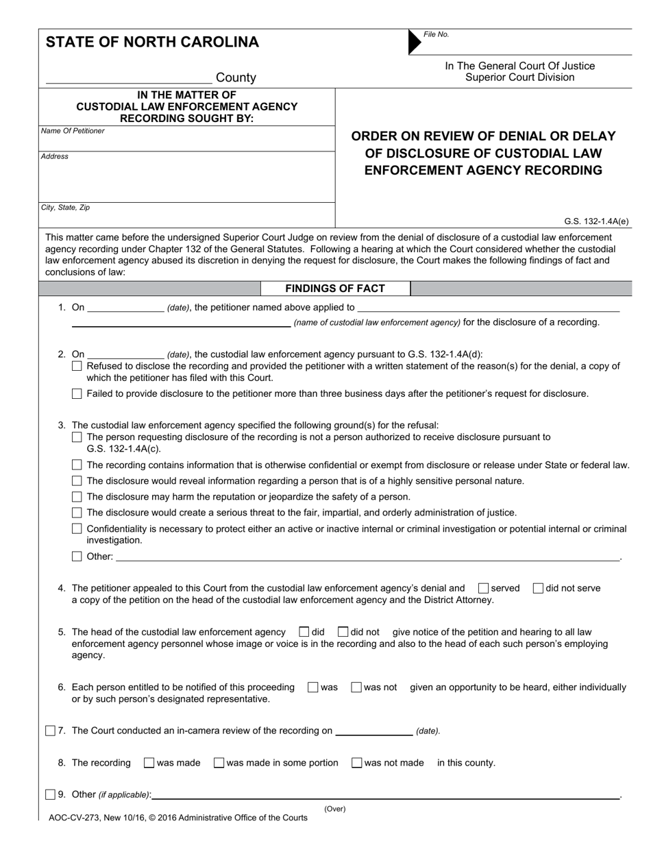 Form AOC-CV-273 Order on Review of Denial or Delay of Disclosure of Custodial Law Enforcement Agency Recording - North Carolina, Page 1