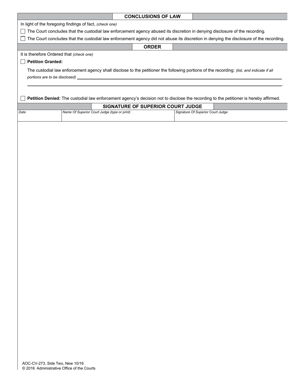 Form AOC-CV-273 Order on Review of Denial or Delay of Disclosure of Custodial Law Enforcement Agency Recording - North Carolina, Page 2