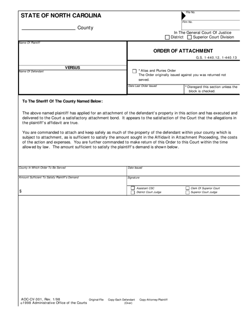 Form AOC-CV-301 Order of Attachment - North Carolina