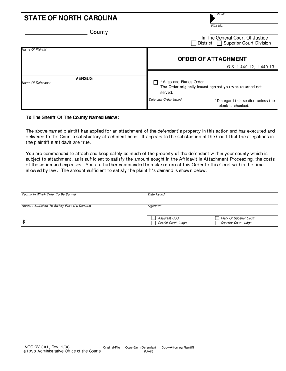 Form AOC-CV-301 Order of Attachment - North Carolina, Page 1