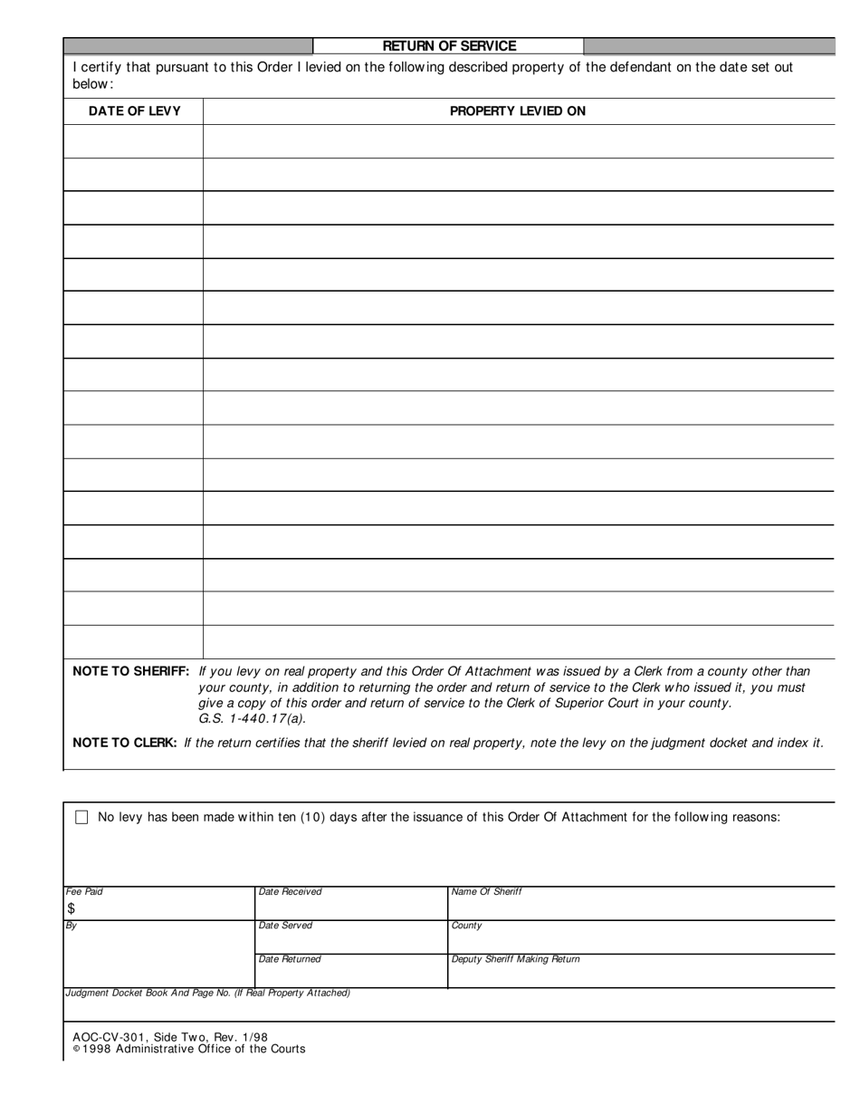 Form AOC-CV-301 Order of Attachment - North Carolina, Page 2
