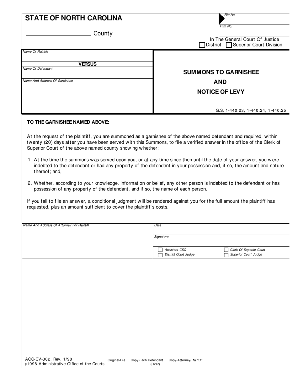 Form AOC-CV-302 Summons to Garnishee and Notice of Levy - North Carolina, Page 1