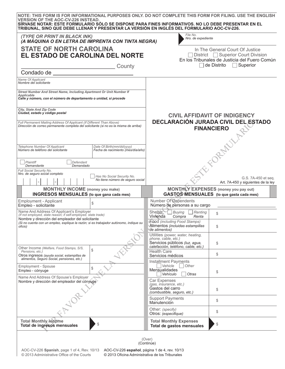 Form AOC-CV-226 Civil Affidavit of Indigency - North Carolina (English / Spanish), Page 1