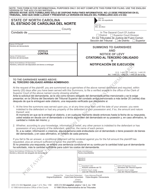 Form AOC-CV-302 Summons to Garnishee and Notice of Levy - North Carolina (English/Spanish)