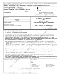 Form AOC-CV-302 Summons to Garnishee and Notice of Levy - North Carolina (English/Spanish)