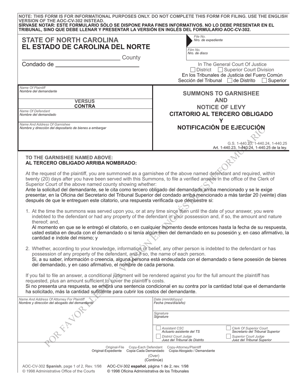 Form AOC-CV-302 Summons to Garnishee and Notice of Levy - North Carolina (English / Spanish), Page 1
