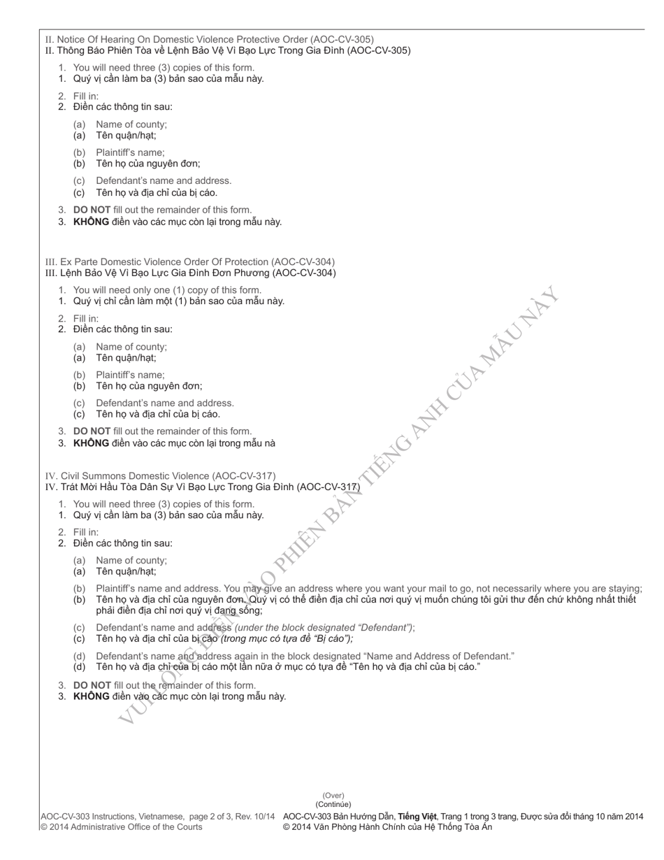 Instructions for Form AOC-CV-303 Complaint and Motion for Domestic Violence Protective Order - North Carolina (English / Vietnamese), Page 2