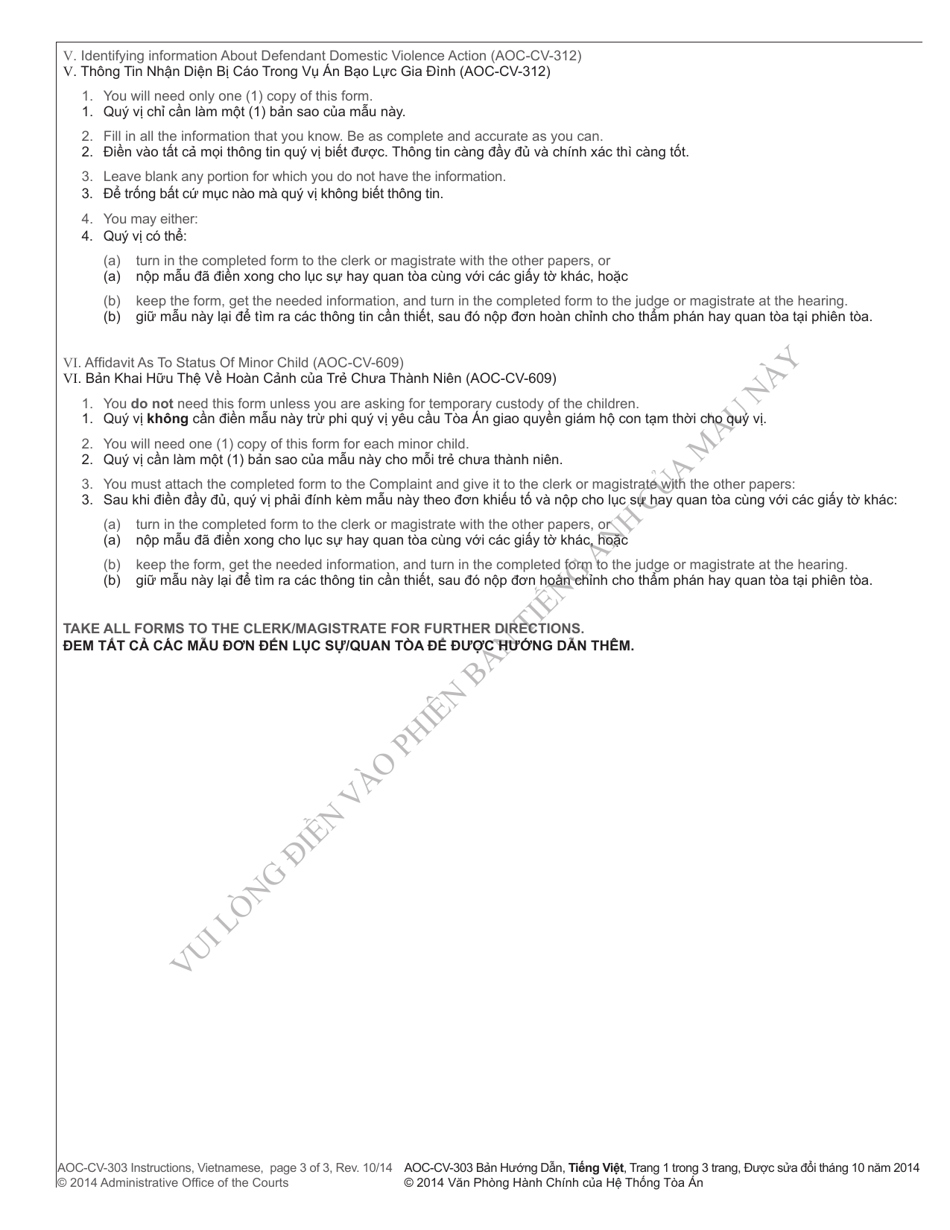 Instructions for Form AOC-CV-303 Complaint and Motion for Domestic Violence Protective Order - North Carolina (English / Vietnamese), Page 3