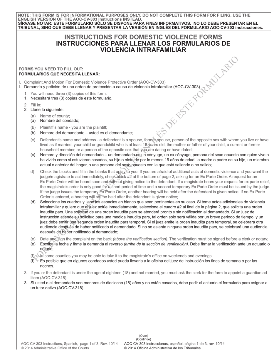Instructions for Form AOC-CV-303 Complaint and Motion for Domestic Violence Protective Order - North Carolina (English/Spanish), Page 1