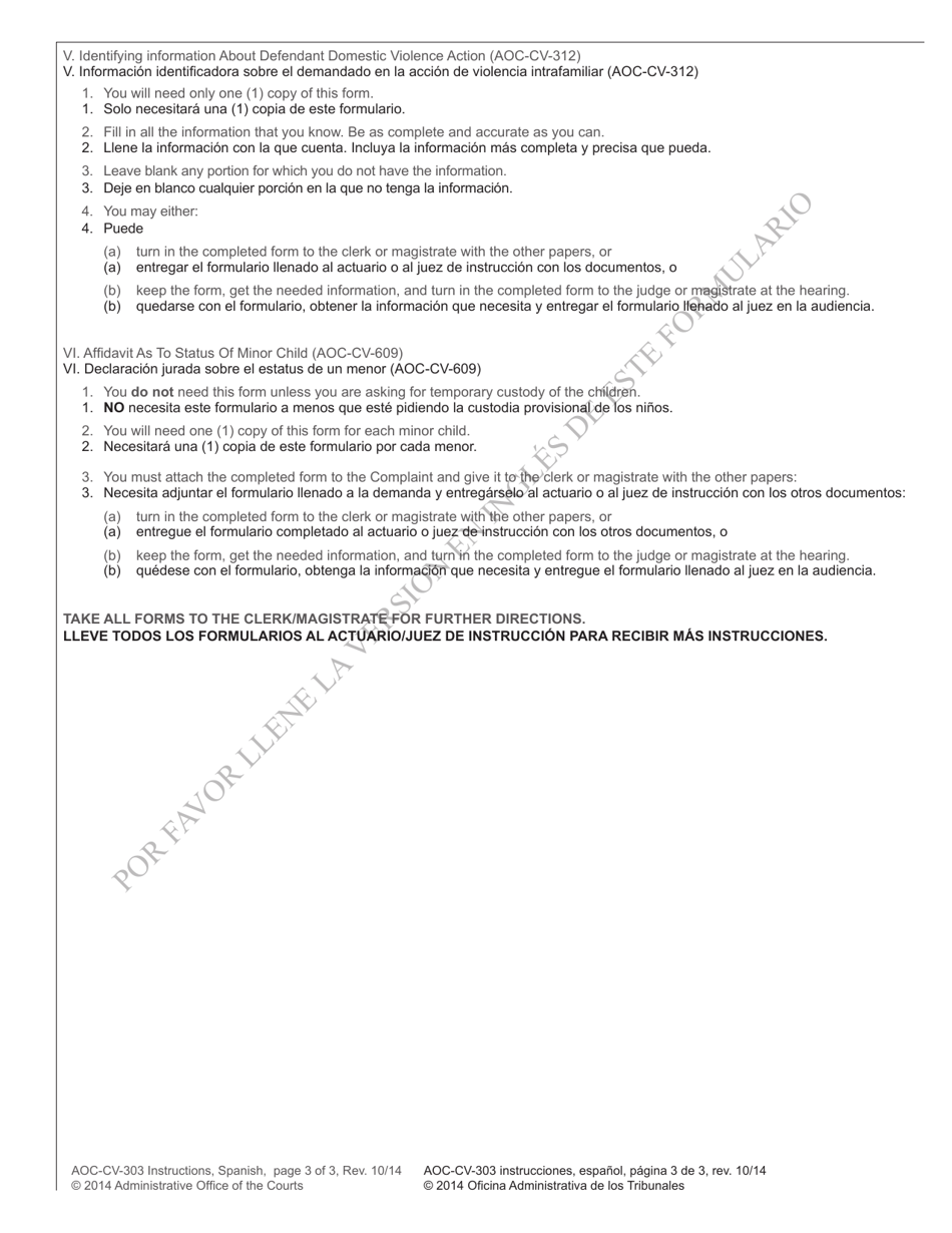 Instructions for Form AOC-CV-303 Complaint and Motion for Domestic Violence Protective Order - North Carolina (English / Spanish), Page 3