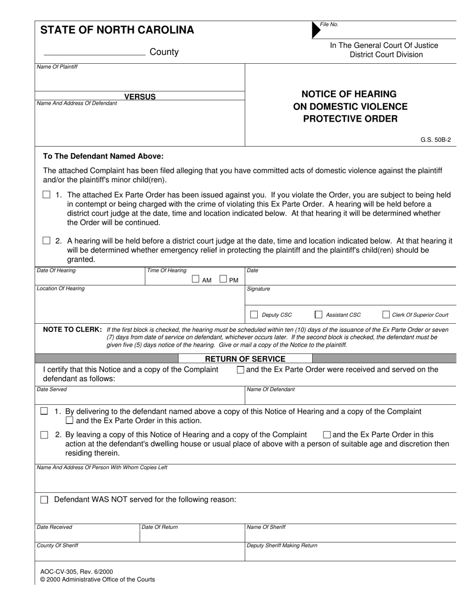 Form Aoc Cv 305 Download Fillable Pdf Or Fill Online Notice Of Hearing On Domestic Violence Protective Order North Carolina Templateroller