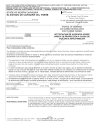 Form AOC-CV-305 Notice of Hearing on Domestic Violence Protective Order - North Carolina (English/Spanish)