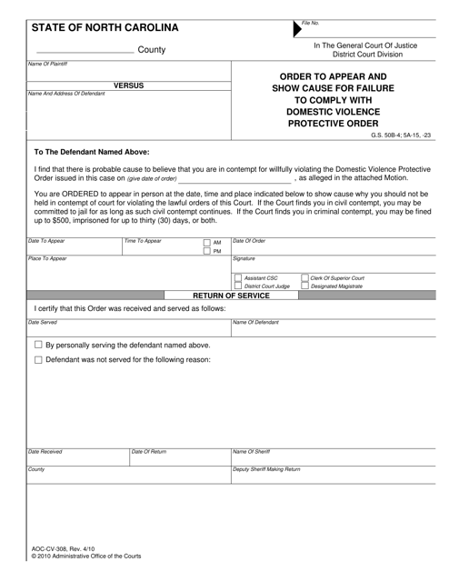 Form AOC-CV-308 Order to Appear and Show Cause for Failure to Comply With Domestic Violence Protective Order - North Carolina