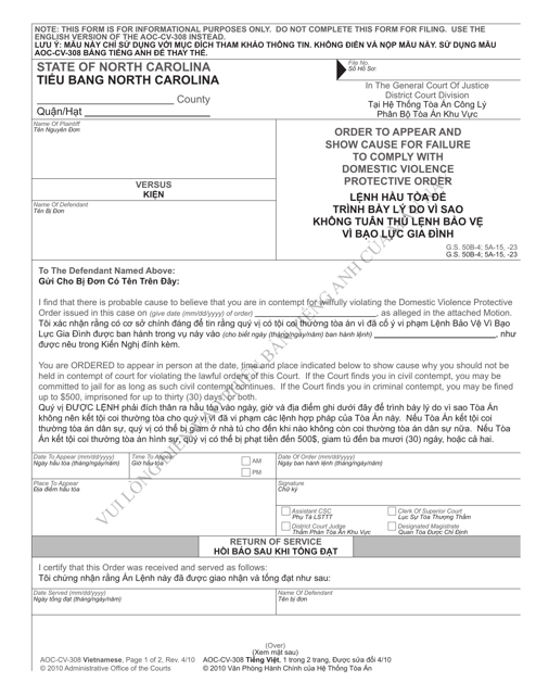 Form AOC-CV-308 Order to Appear and Show Cause for Failure to Comply With Domestic Violence Protective Order - North Carolina (English/Vietnamese)