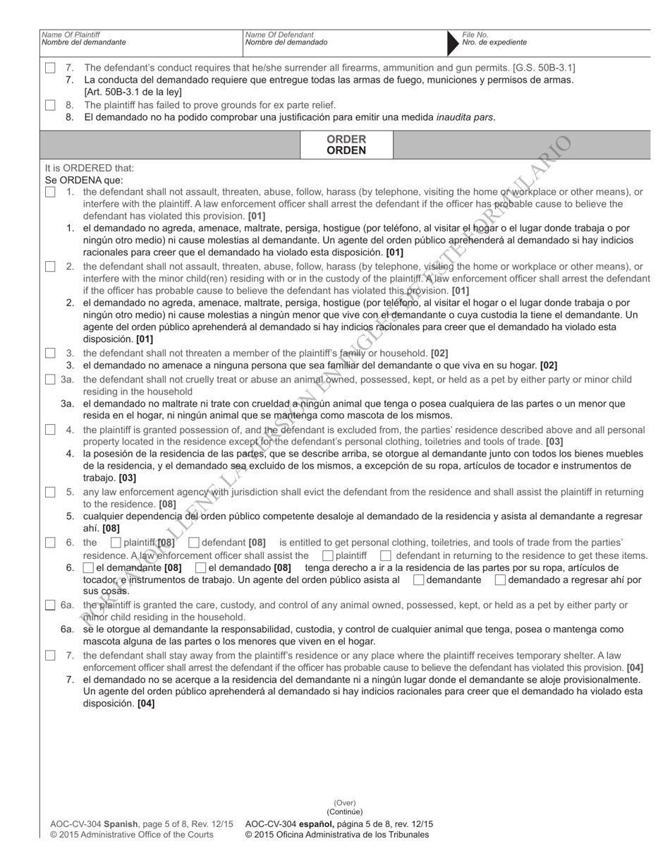 Form AOC-CV-304 Ex Parte Domestic Violence Order of Protection - North Carolina (English / Spanish), Page 5
