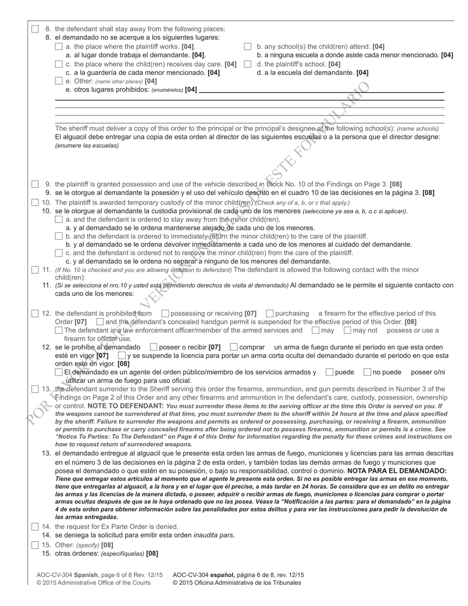 Form AOC-CV-304 Ex Parte Domestic Violence Order of Protection - North Carolina (English / Spanish), Page 6