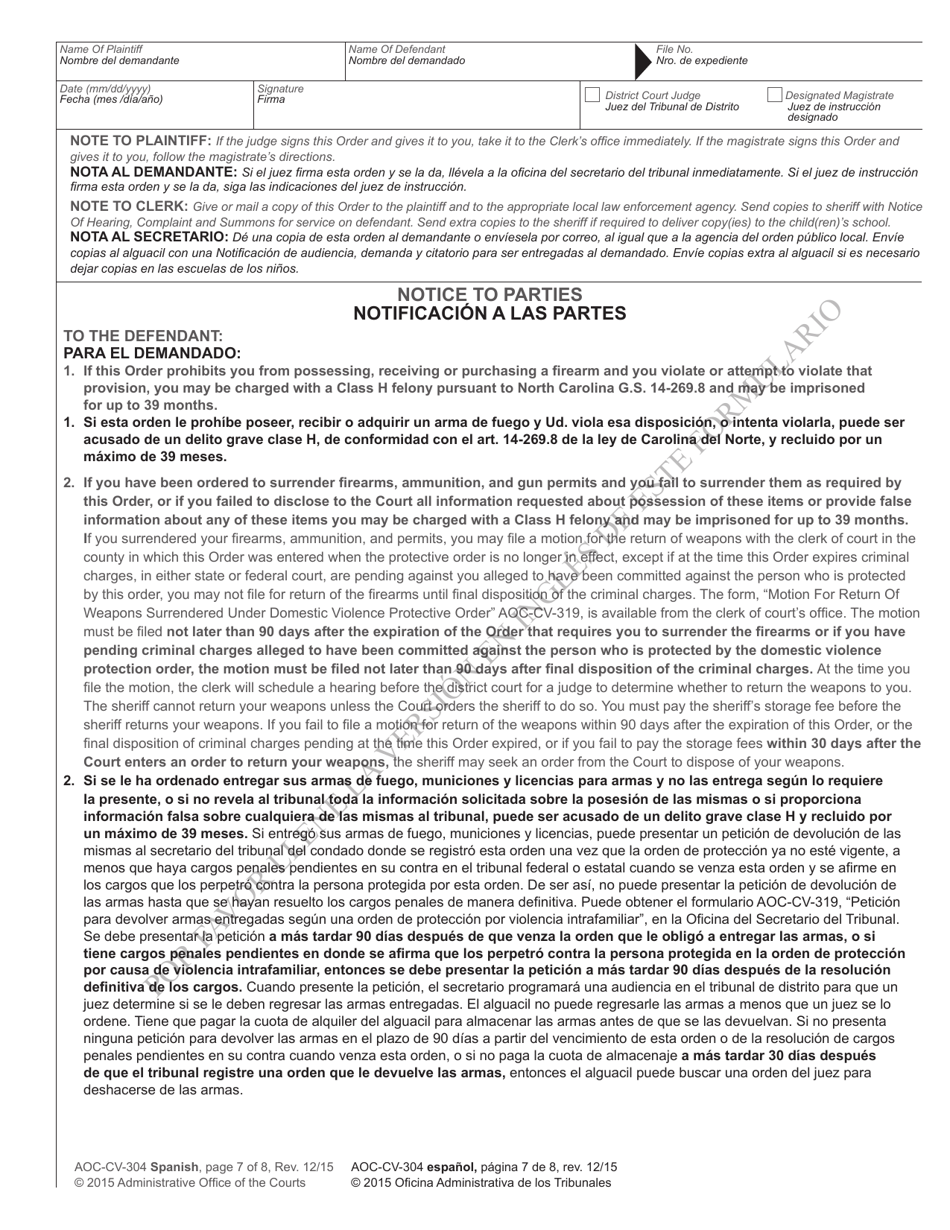 Form AOC-CV-304 Ex Parte Domestic Violence Order of Protection - North Carolina (English / Spanish), Page 7