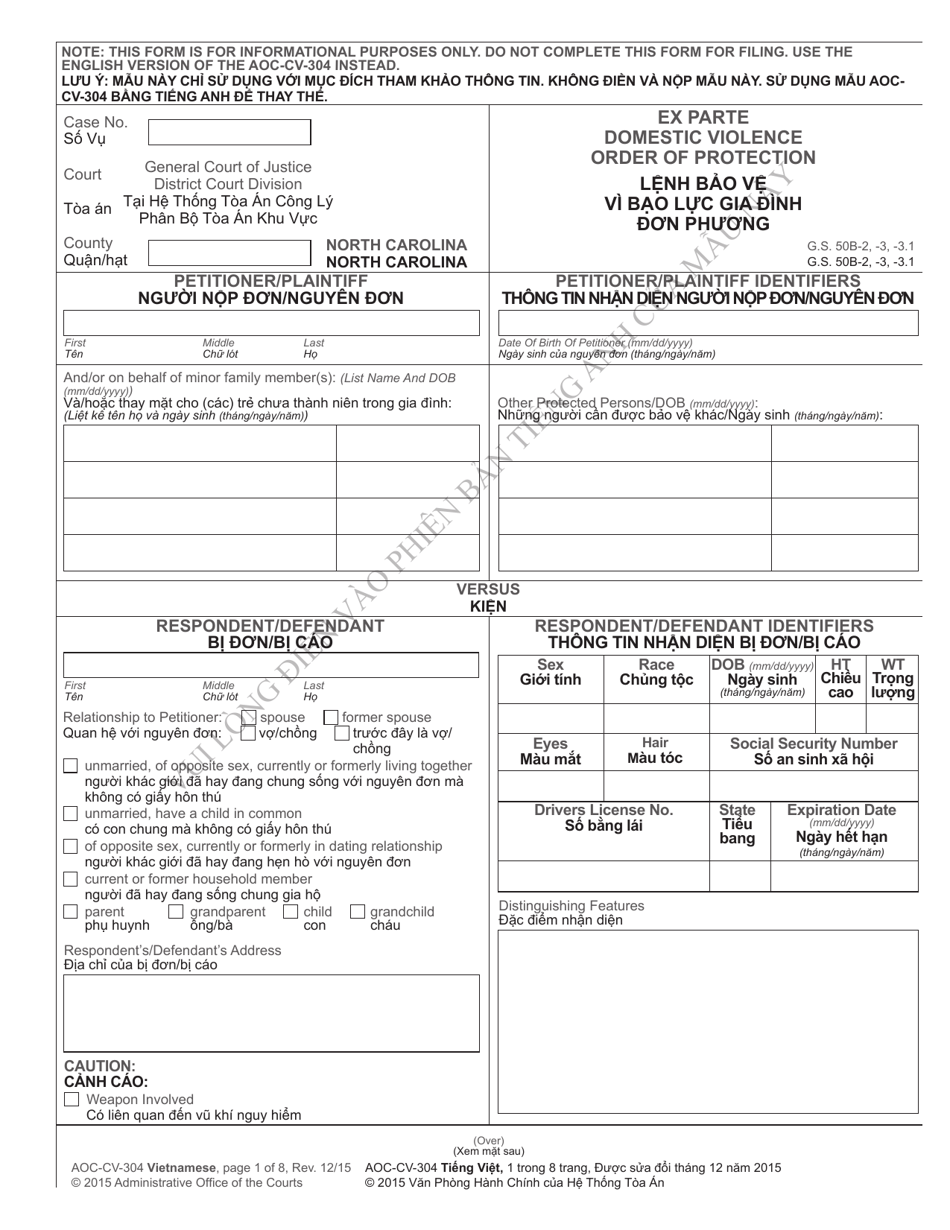 Form AOC-CV-304 Ex Parte Domestic Violence Order of Protection - North Carolina (English/Vietnamese), Page 1