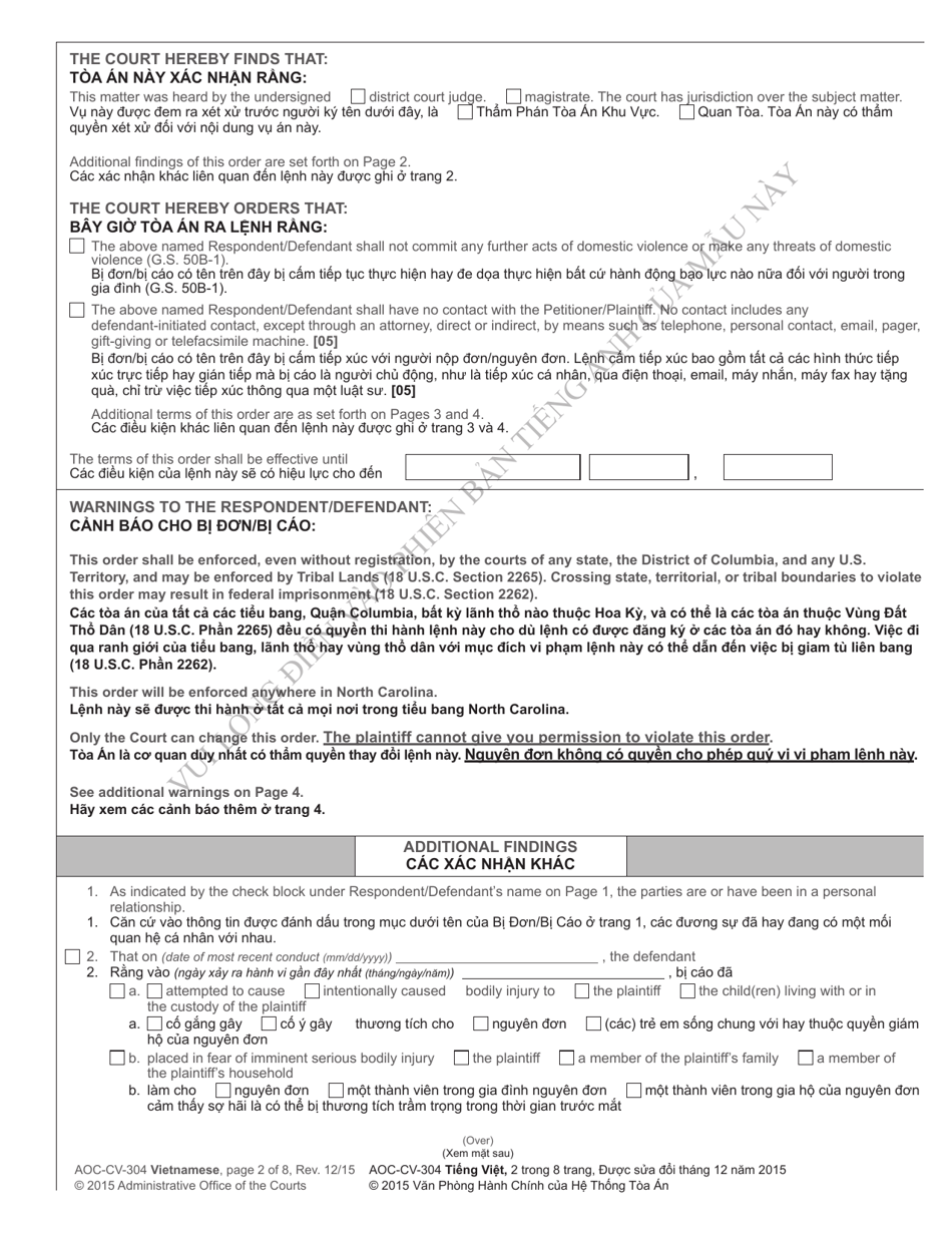 Form AOC-CV-304 Ex Parte Domestic Violence Order of Protection - North Carolina (English / Vietnamese), Page 2
