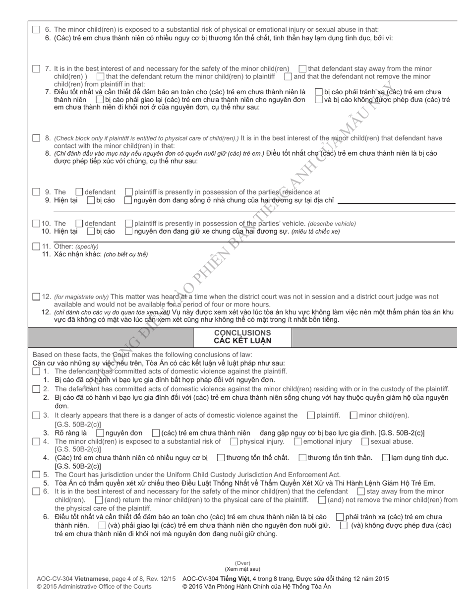 Form AOC-CV-304 Ex Parte Domestic Violence Order of Protection - North Carolina (English / Vietnamese), Page 4