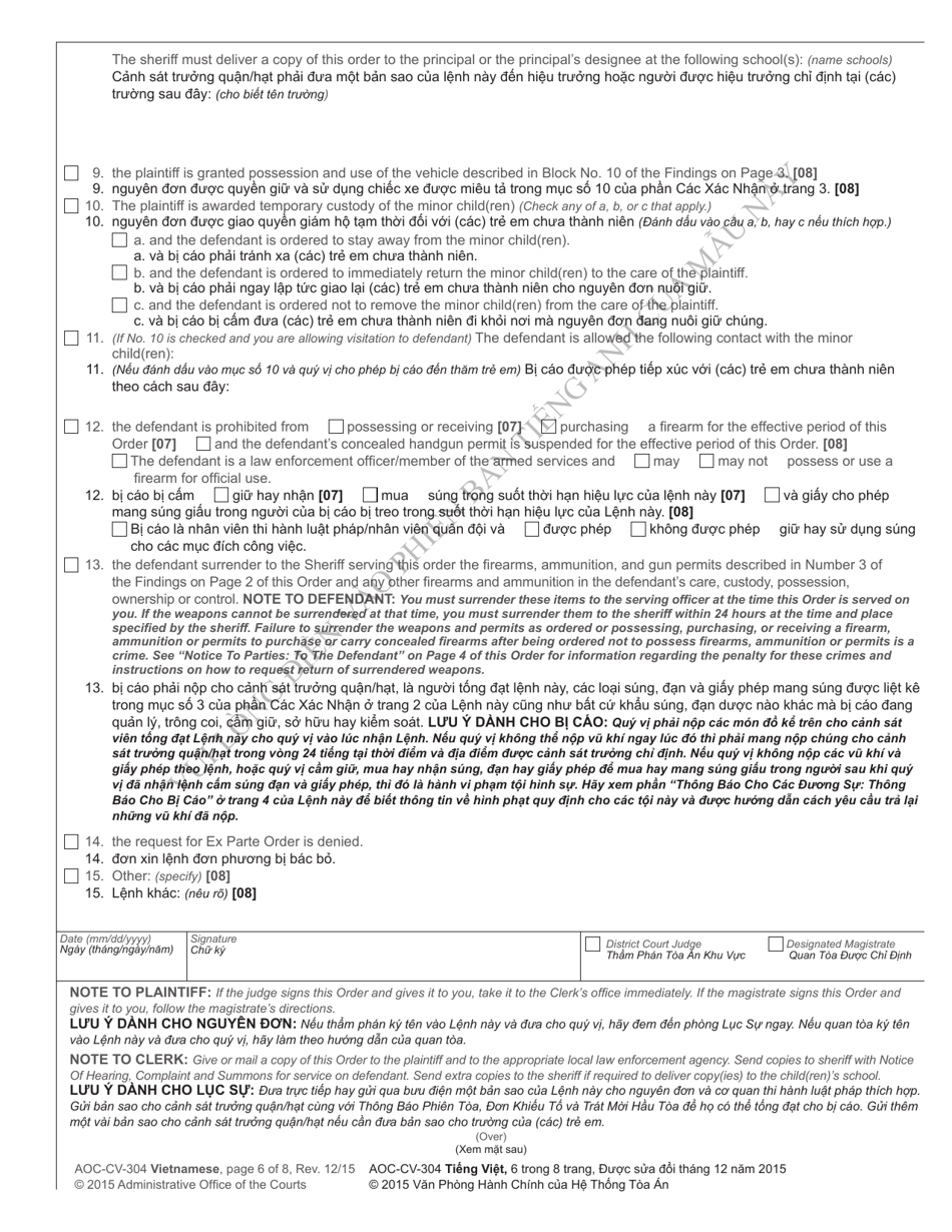 Form AOC-CV-304 Ex Parte Domestic Violence Order of Protection - North Carolina (English / Vietnamese), Page 6