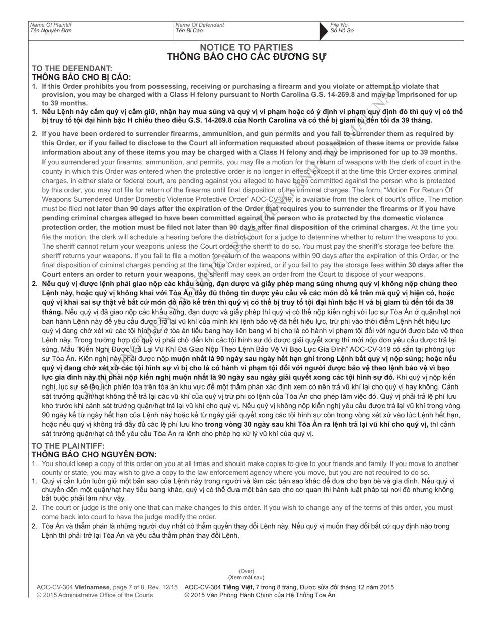 Form AOC-CV-304 Ex Parte Domestic Violence Order of Protection - North Carolina (English / Vietnamese), Page 7
