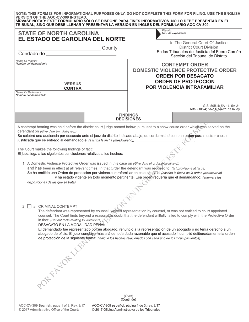 Form AOC-CV-309 Contempt Order Domestic Violence Protective Order - North Carolina (English / Spanish), Page 1