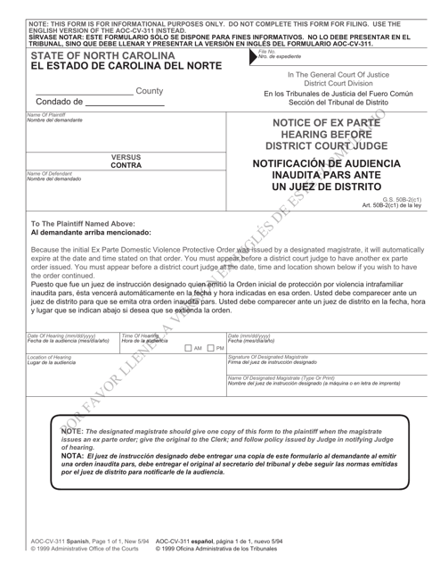 Form AOC-CV-311 Notice of Ex Parte Hearing Before District Court Judge - North Carolina (English/Spanish)